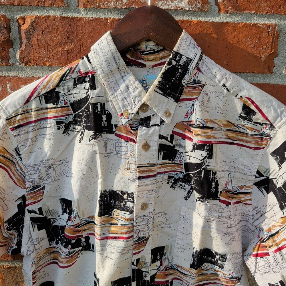 Bluewater Wear Boat Blueprint Shirt Mens Small Cream Nautical Short Sleeve